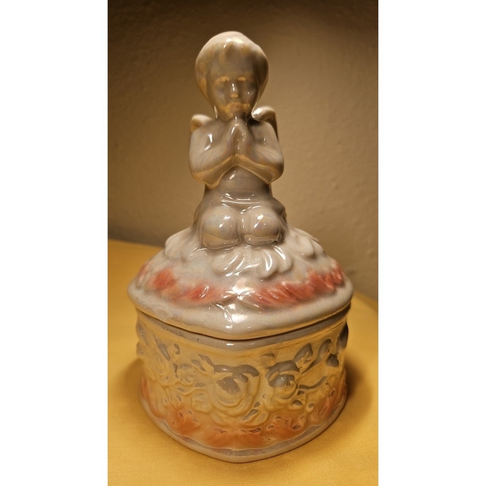 Vintage Heart Shaped Praying Angel Trinket Box Lusterware Glaze